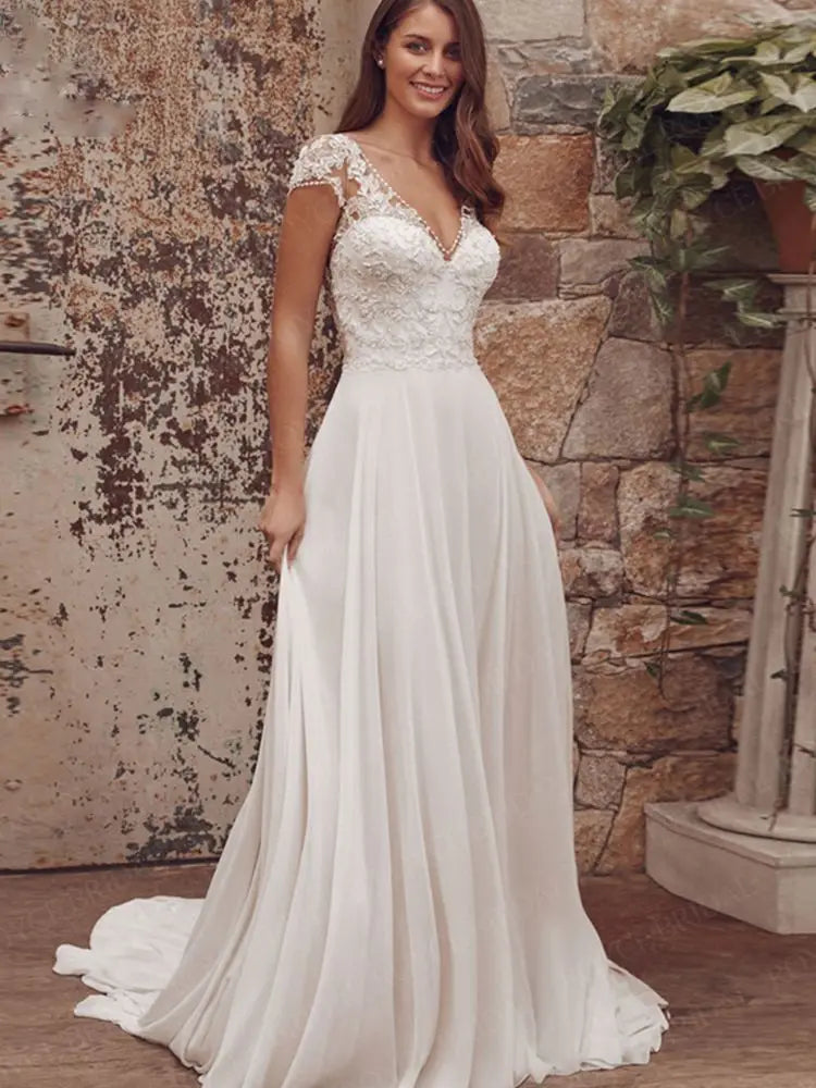 White Bridesmaid Dresses: Wedding Dresses With Cap Sleeve V-Neck Lace