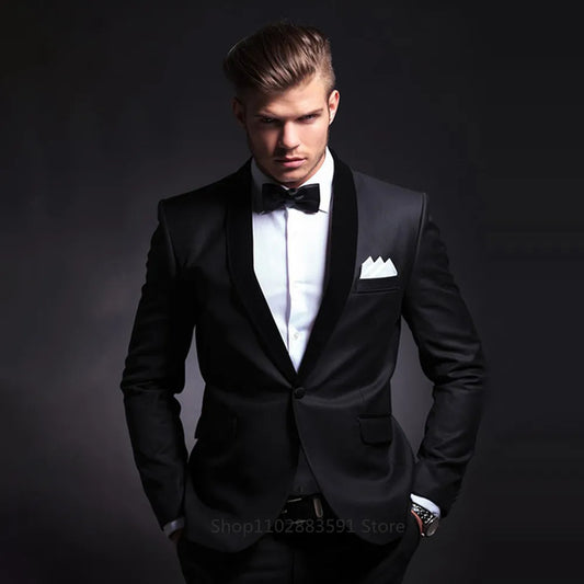 Fashion Men Suits Black Classic Shawl Lapel Single Button Blazer Business Casual Wedding Groom Tuxedo 2 Piece Male Suit Slim Fit