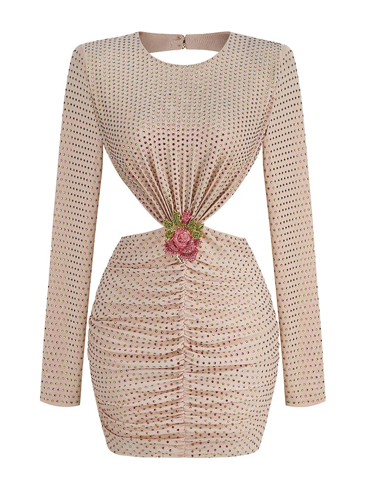 Evening wear Dresses: Women Flower Backless Long Sleeve Beading Mini Dress