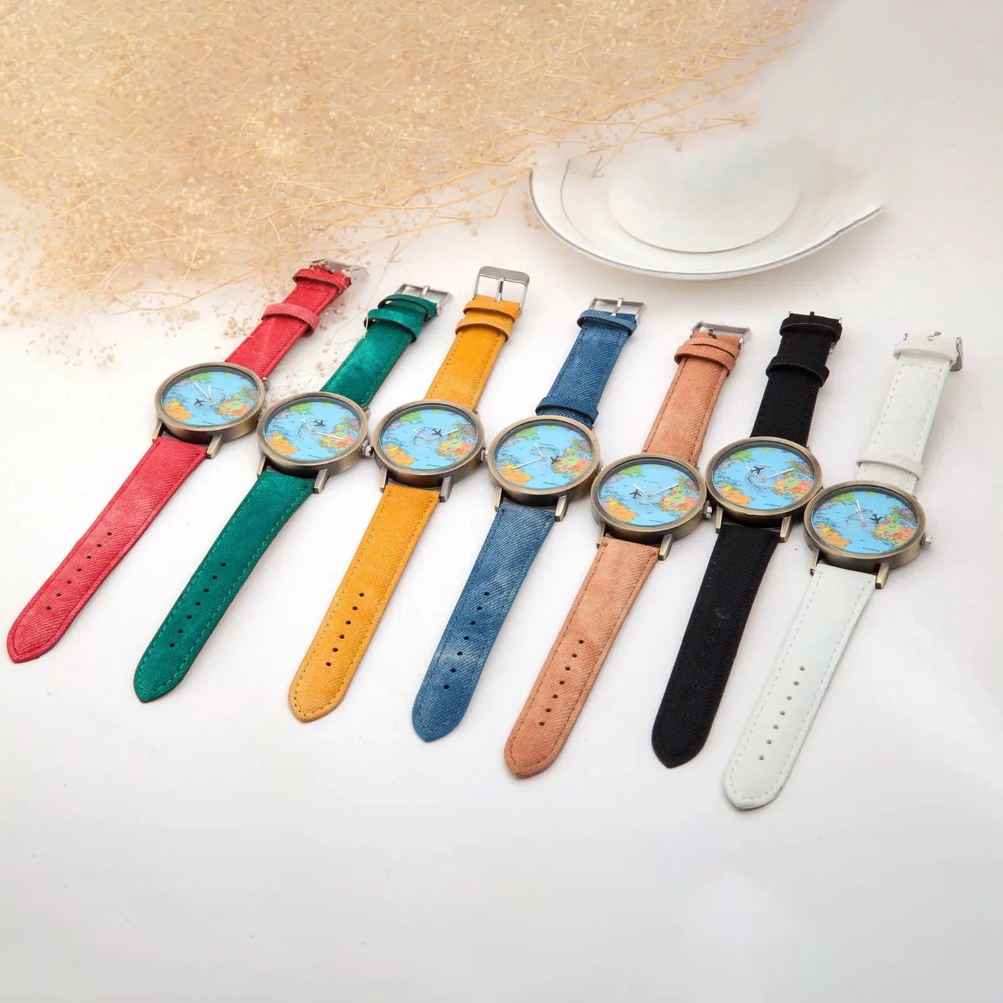 Fashion Global World Map Plane Denim Fabric Band Watch Casual Men Women Wristwatches Quartz Watch Gift Horloges Relógio