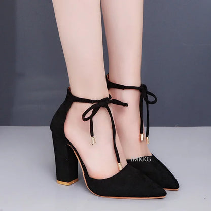 Sexy Pointed Toe Ladies Shoes Square High Heels Lace Up Women Pumps 2023 Wedding Strap Blue Woman Shoes Zapatos Mujer Size 43