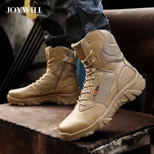 JOYWILL Men Military Leather Combat Boots Winter Waterproof Outdoor High Snow Boots Army Training Wear-resisting Ankle Shoes