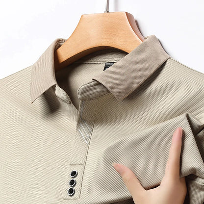 New Men's Long-sleeved Polo Shirt Sweatwear Business Casual Top Fashion Classic Solid Color Male Brand Basic V-neck Top