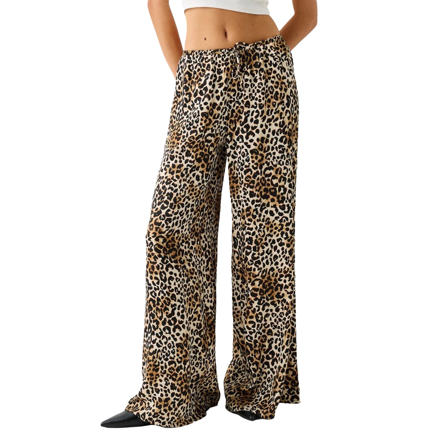 Fashion Vintage Leopard Print Wide-leg Pants Women Casual High-waisted Trouser