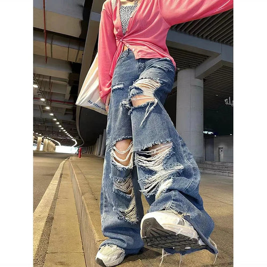 Streetwear Straight Pants Ladies Ripped Jeans High Waist Loose Wide Leg Pants Ladies