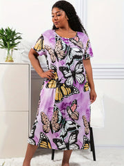 Plus Size Casual Loungewear Dress, Women's Plus Tie Dye Butterfly Print Short Sleeve