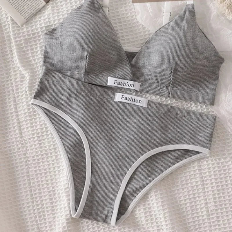 Women Cotton Bra Set Briefs Low Waist Panties Wire Free Bralette Sport Lingerie