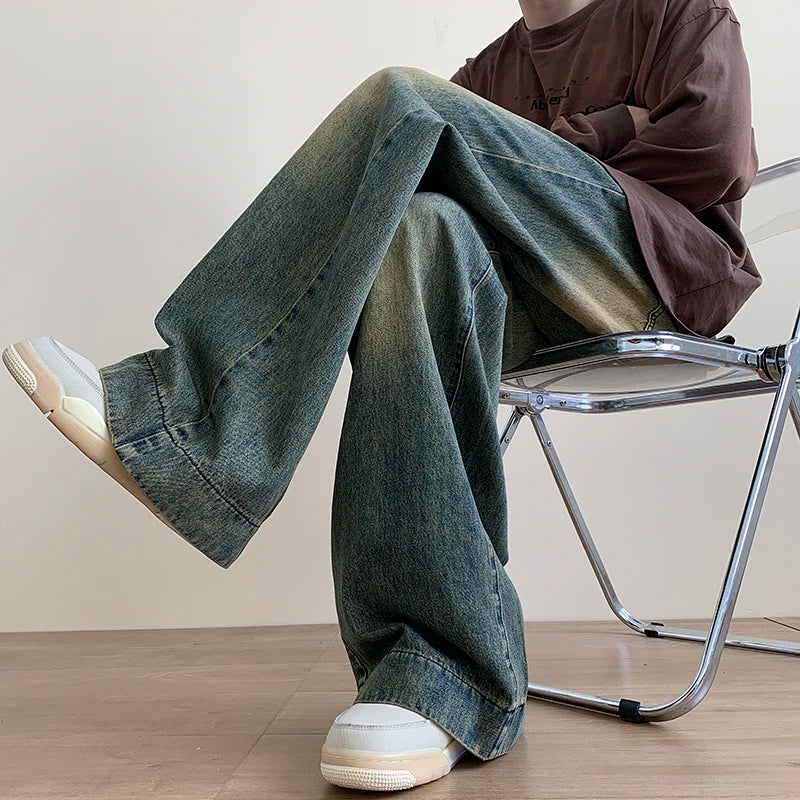 Distressed Vintage Blue Jeans Pants Men Wide-leg Denim Trousers Male
