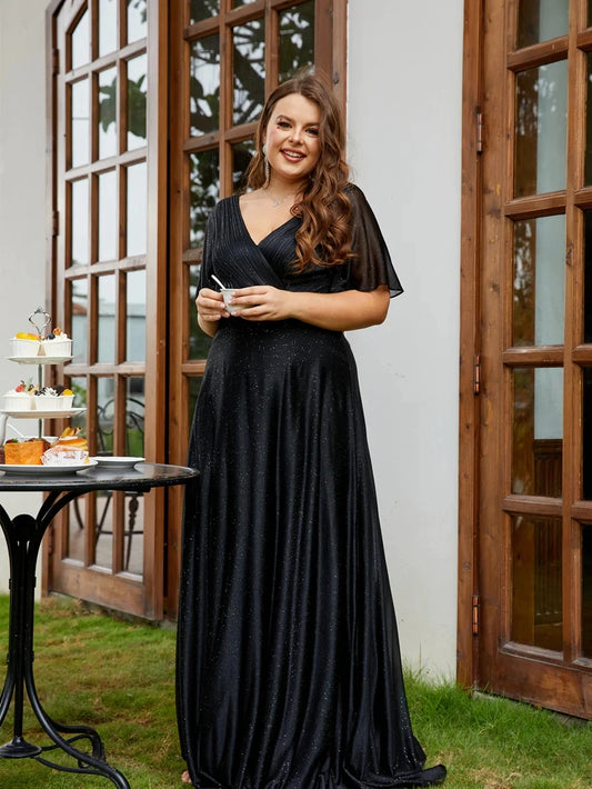 Evening Dresses: Ever pretty of Plus Size Deep V Neck Ruffles Sleeve Dress