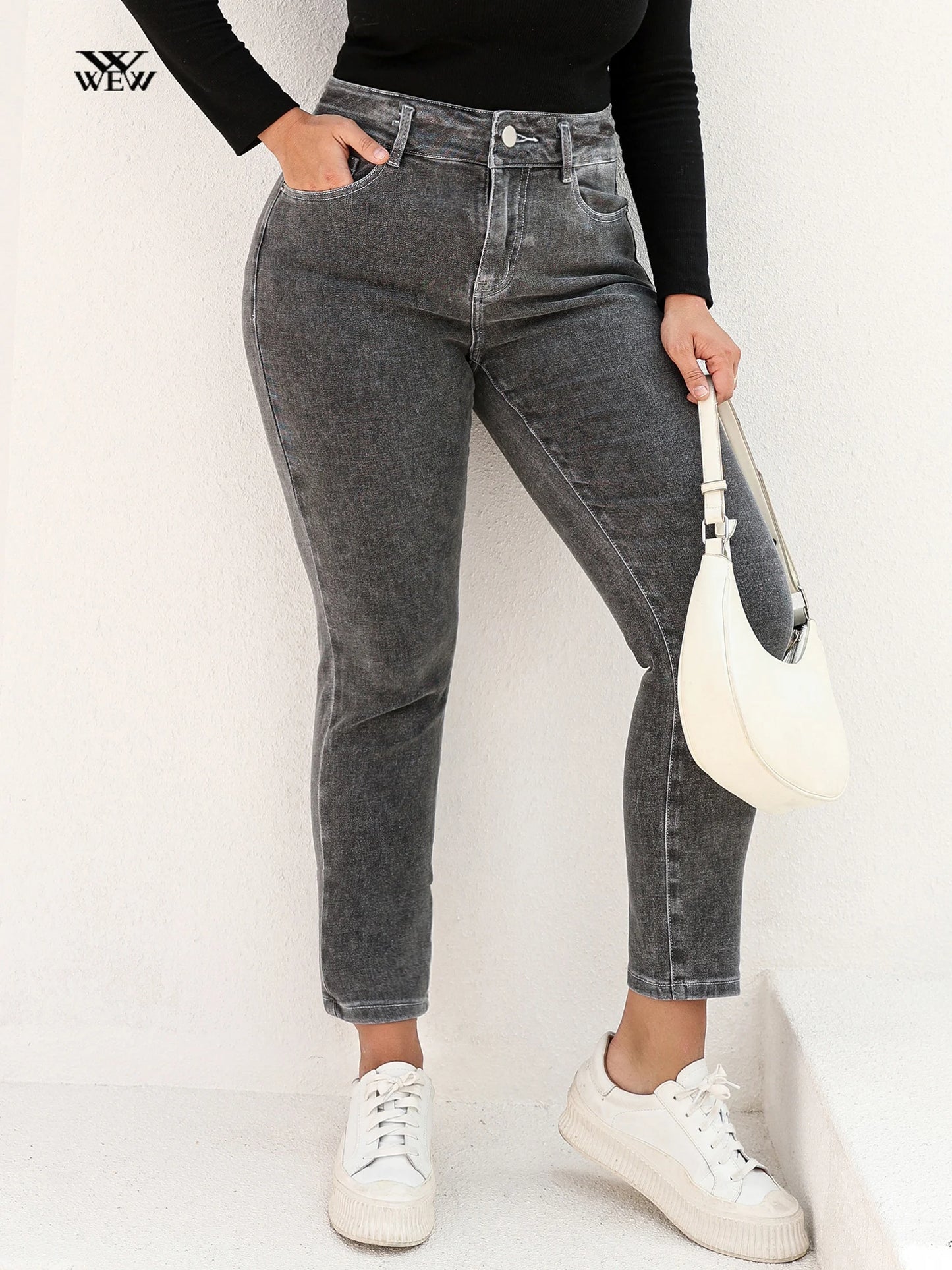 Plus Size Gray Jeans for Women Stretchy High Waist Mom Jeans Harem