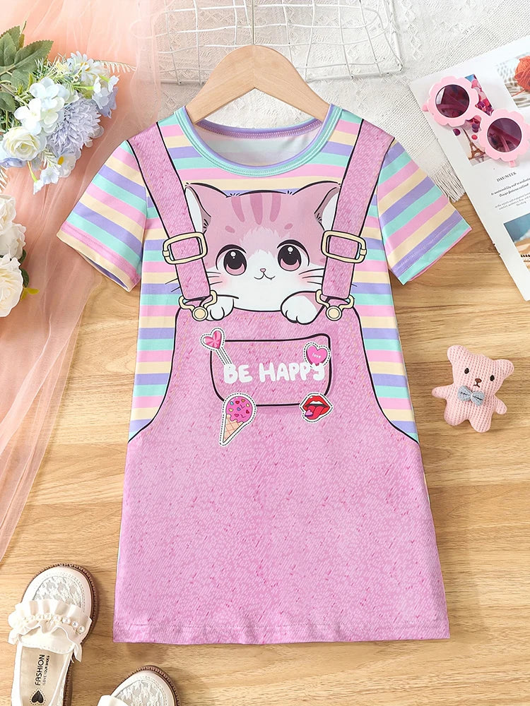 Girls Cute Cat Print Striped Casual Vacation Outing T-Shirt Dress