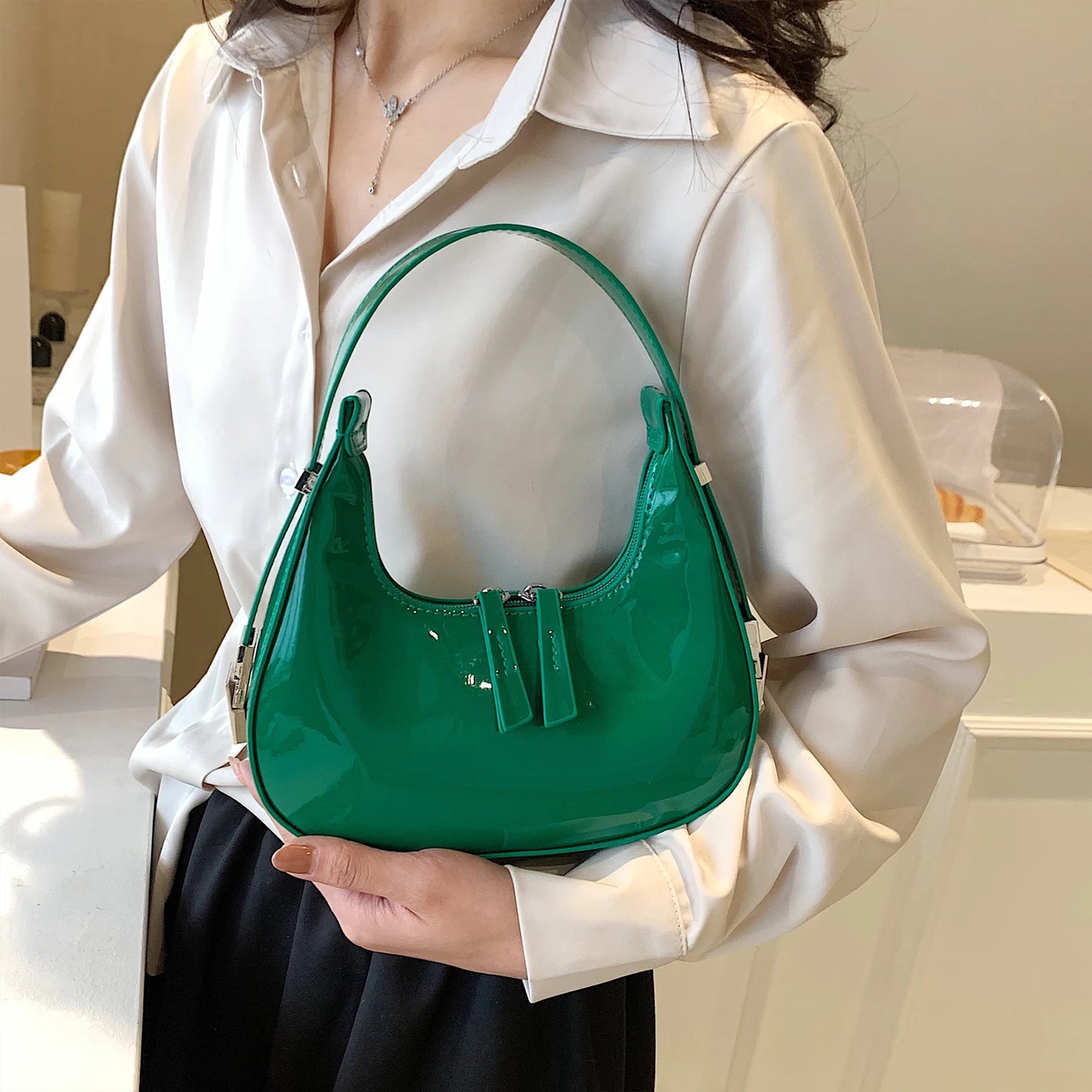 Women's Bag Patent Leather Tote Bag Fashion Shoulder Bag Versatile Crescent Bag