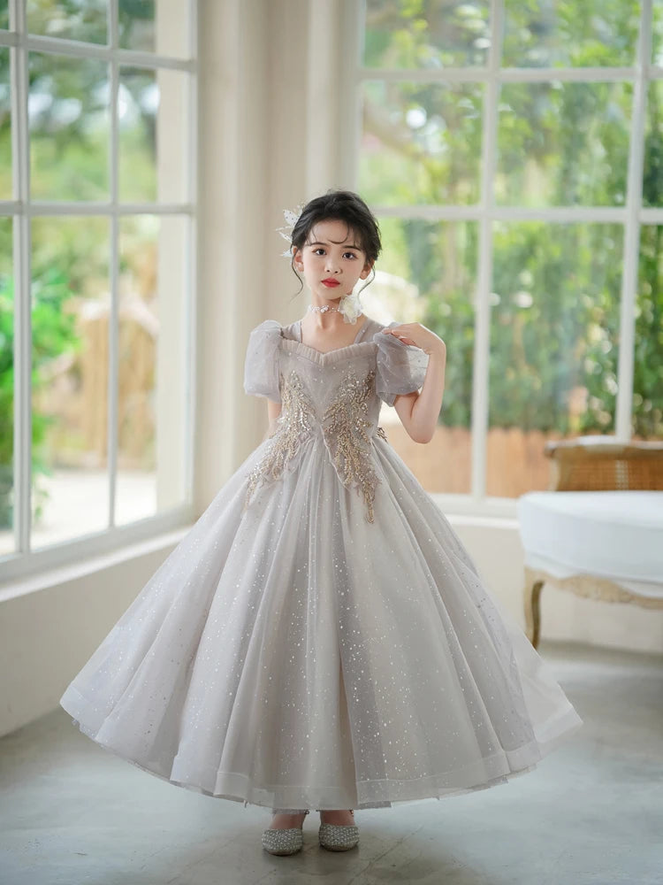 3-15T Teen Girl Fluffy Mesh Dresses for Elegant Party Princess Prom Gown Children Pageant Tailling Long Dress Performance Outfit