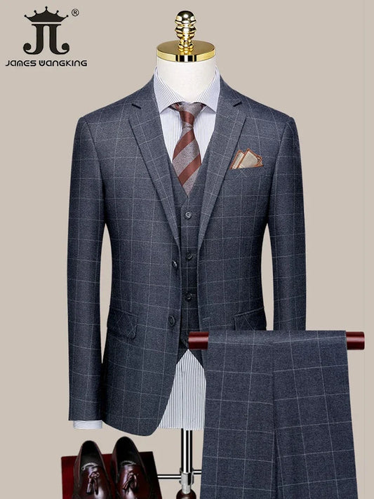 Tuxedo for Mens: Blazer Vest Pants High-end Brand Boutique Plaid Casual Business Suit