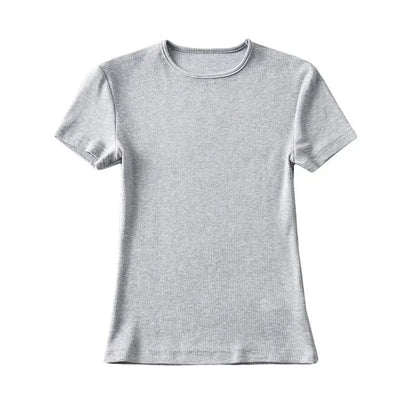 Casual Summer Woman Skinny Fit T-shirt Tight Short-Sleeve O-neck Tee Basic Solid Crop Tops T Shirt