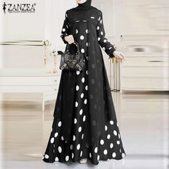 Elegant O-Neck Long Sleeve Muslim Sundress Women Polka Dots Printed Dress