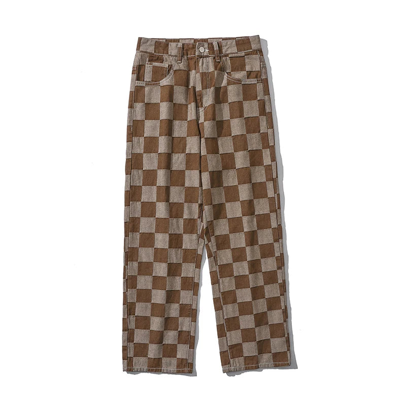 Men's Brown Check Print Baggy Jeans Korean Fashion Streetwear Denim Straight Pants