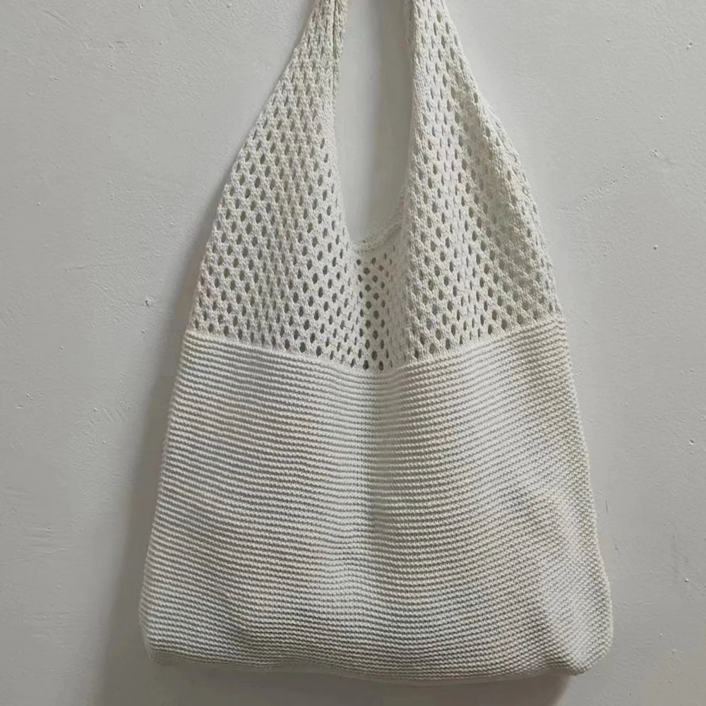 Crochet Solid Color Versatile Shoulder Bag, Hollow Weaving Slouchy Stylish Tote Bag