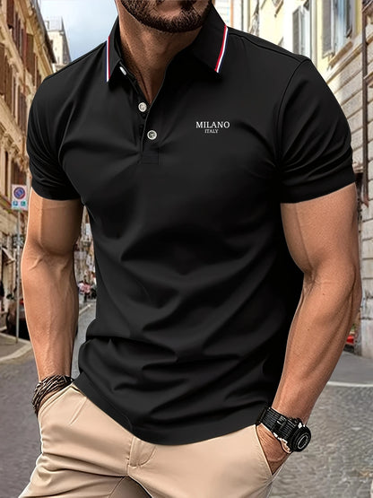 2025 New Men's Polo Shirt MILANO ITALY Letter Print Summer Lapel Stripes Men Short Sleeve Casual Breathable Light Luxury T-Shirt
