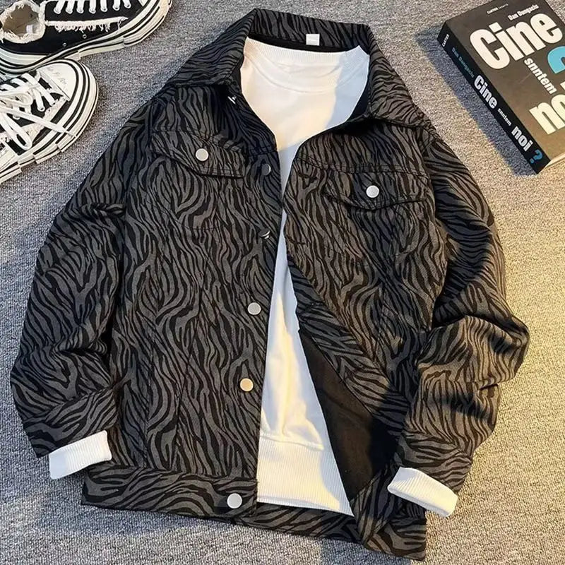 Men's Denim Jacket Black Striped Autumn Male Jean Coats Button Korean Popular Clothes