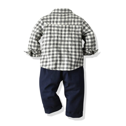 Children's Plaid Shirt and strap pants set for Boys with Bow Tie baby boy clothes 0 to 3Y Autumn Boys Clothes 70-130cm