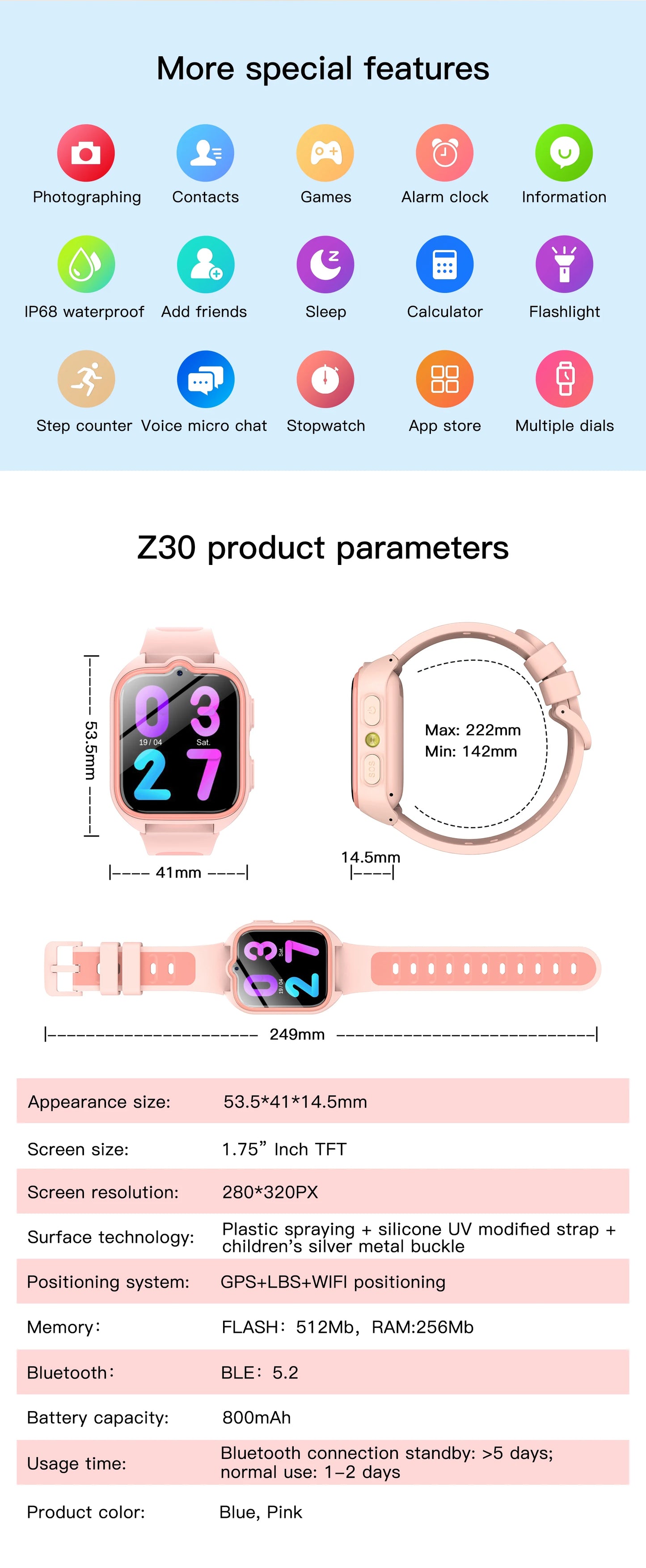 Blackview Z30 Kids Smart Watch Children Phone Watch, LBS+WiFi+GPS Triple AI Positioning, 4G Video Call, Phone Watch Smartwatch