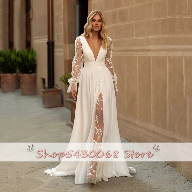 White Bridesmaid Dresses: Wedding Dresses Long Puffy Sleeve Lace Bride Dress