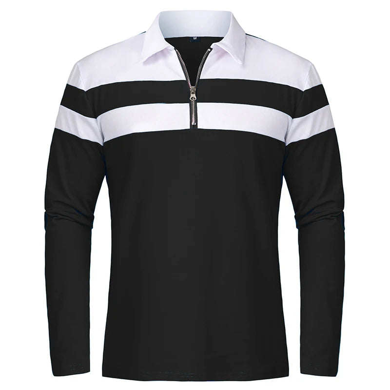 Men's Long Sleeve Striped Polo Shirts 1/4 Zip Cotton Patchwork Collared Shirt Casual Fashion Pullover Slim Fit Golf Shirt