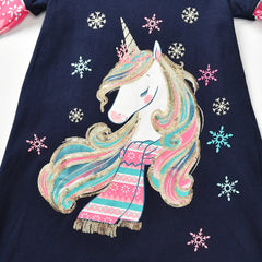 Girls Casual Dresses Kids Unicorn Appliqued Cotton Year Dress Children