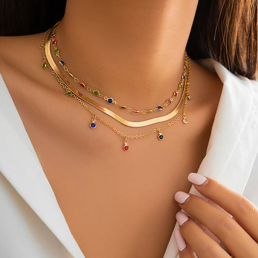 IngeSight.Z 2026 Trendy MultiLayered Color Crystal Chain Choker Necklace for Women Boho Flat Snake Chain Clavicle Short Necklace