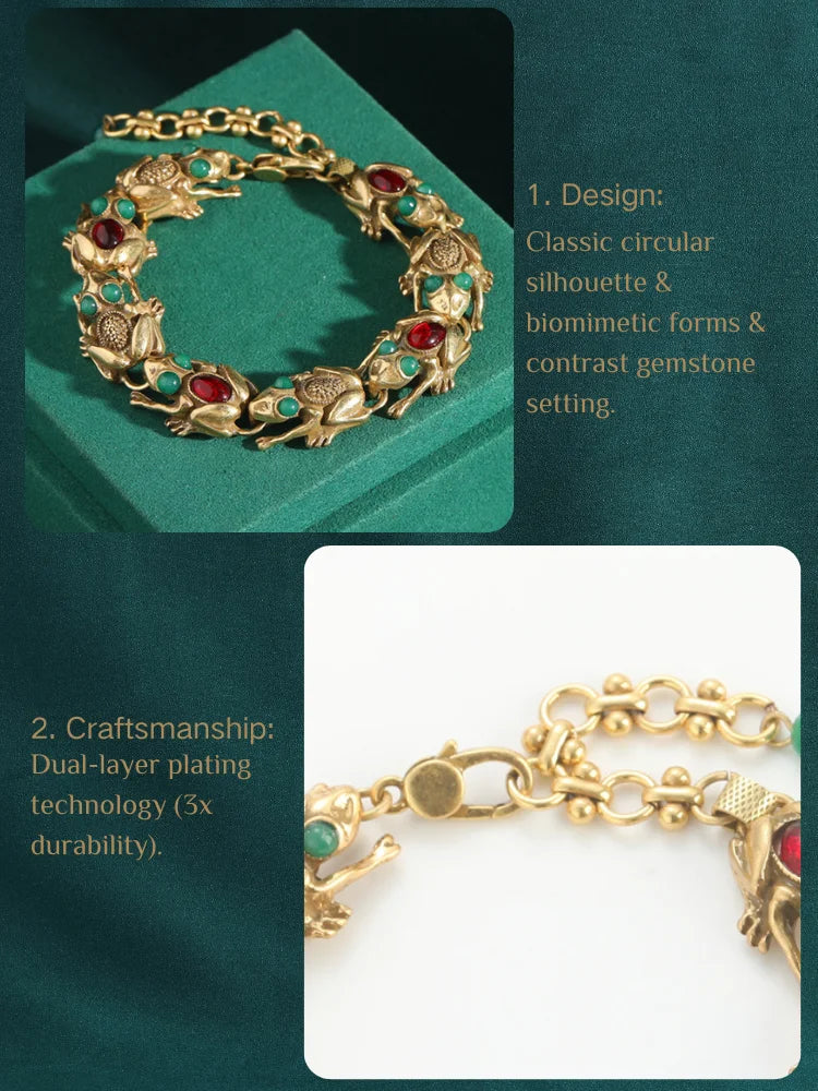 Vintage Adjustable Frog Charm Bracelet with Natural Stone Eyes - 18K Gold Plated Unique Jewelry for Women