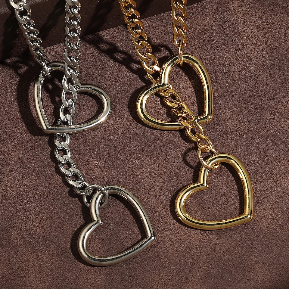 ZAKOL Adjustable Stainless Steel Cuban Link Necklace Hollow Heart Y-Shaped Necklace Punk Rock Style Party Accessories