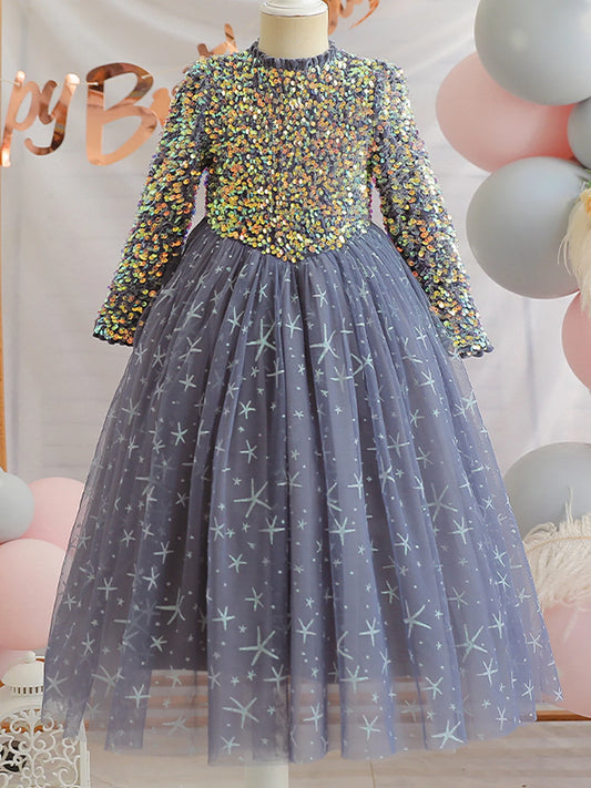 Baby Girls Elegant Unicorn Floral Graphic Print Mesh Gown Dress Clothes For Performance Party Gift Beaded luminescence