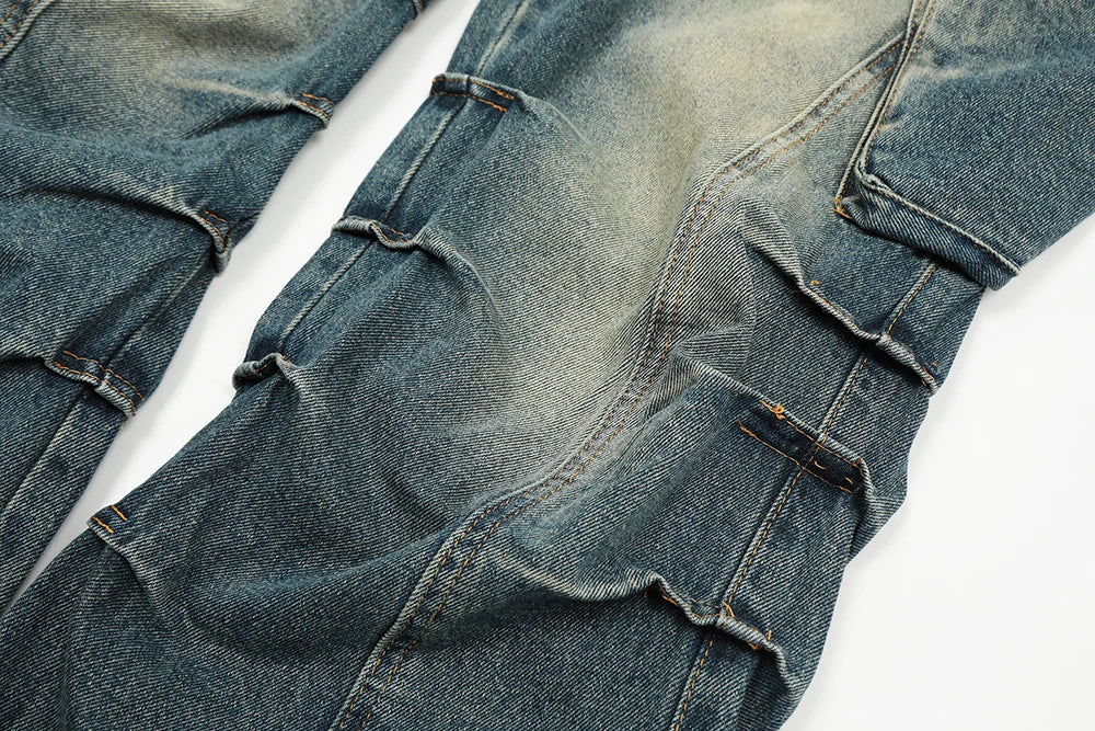 Streetwear Side Pockets Pleated Washed Blue Jeans Unisex Straight Baggy Y2k Denim