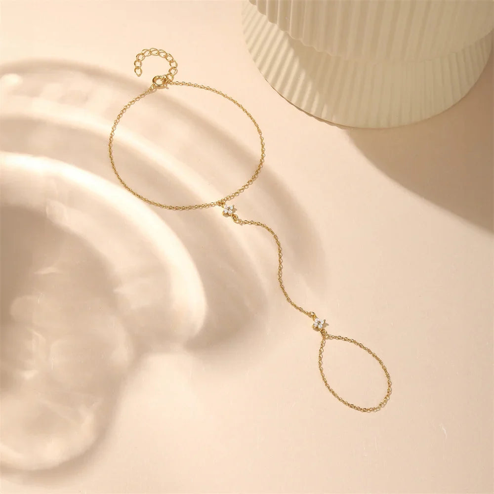 CANNER 925 Sterling Silver Flower Clover CZ Finger Ring Chain Bracelet For Women Ins Hand Chain Horse Eye Jewelry Party Gift