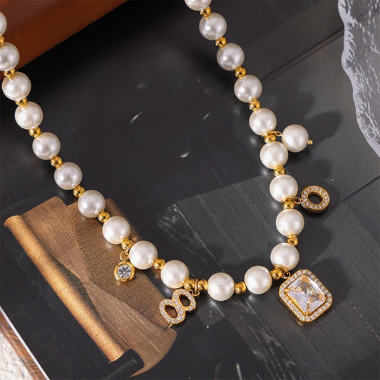 Elegant White Shell Square Zircon Pendant Necklace Bracelet Set Women's Stainless