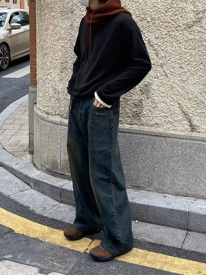 Green Wash Baggy Jeans for Men Casual Wide Leg Adjust Waist Y2k Pants
