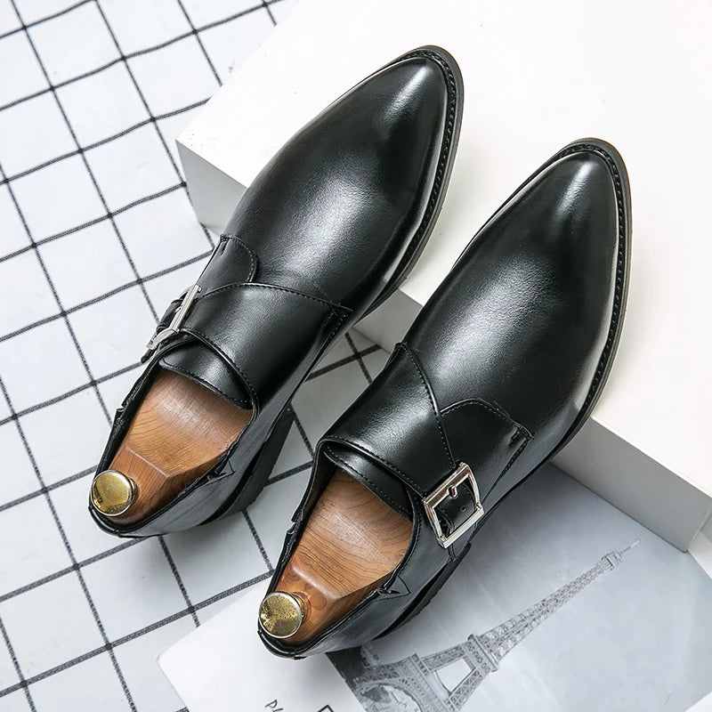 Fashion Men's Monk Leather  Shoes Buckle Pointed Dress Shoes Men