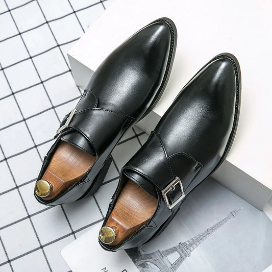 Fashion Men's Monk Leather  Shoes Buckle Pointed Dress Shoes Men