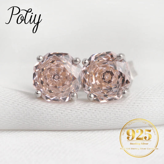 Potiy Rose Cut Octagon Morganite Pink Stud Earrings, 1.5ct Cubic Zirconia 925 Sterling Silver Earrings for Women Mother Day
