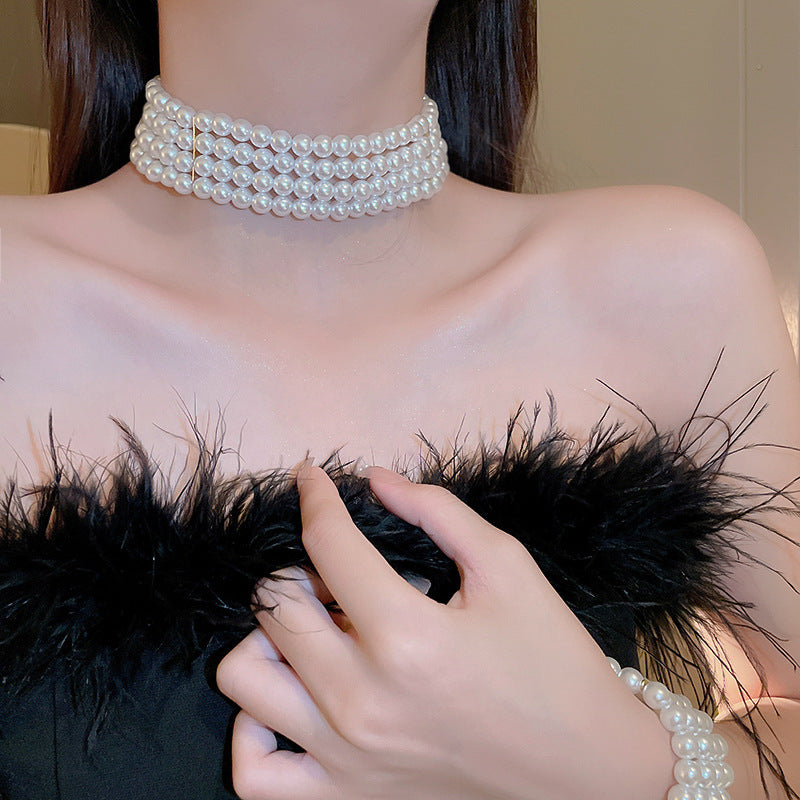 Multilayer Pearl Choker Necklaces for Women Short Geometric Crystal Chokers Necklace