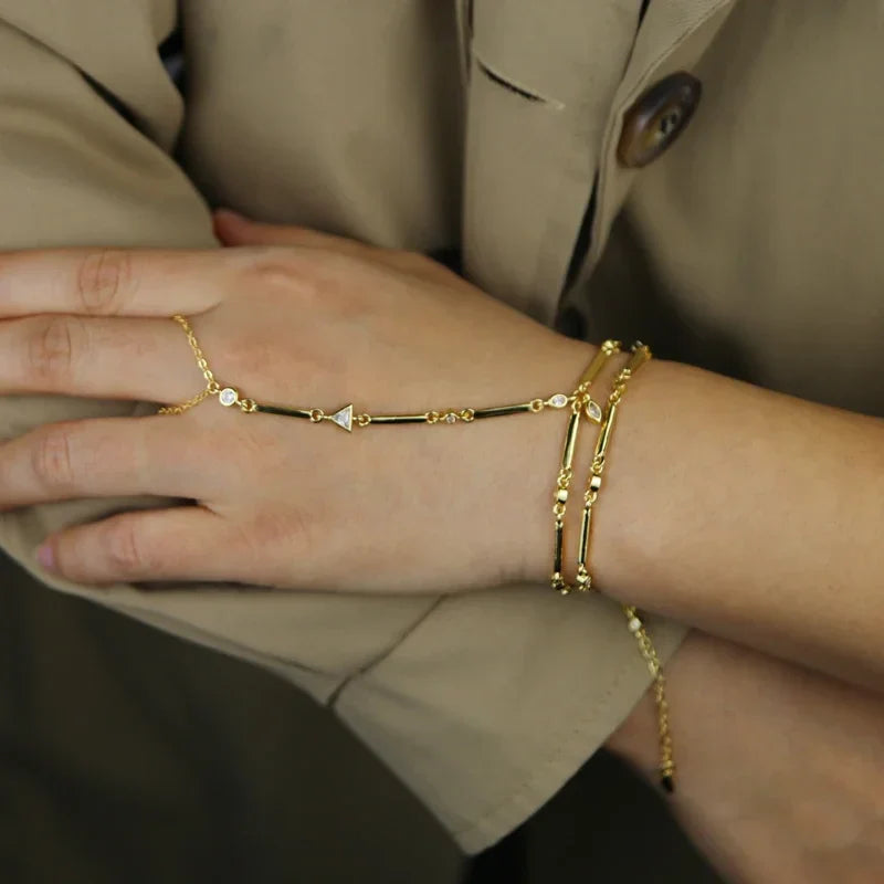 2025 New Micro Pave Clear CZ Tassel Hand Chain Bracelet Gold Color With Round CZ Station Double Chain Fashion Women Jewelry