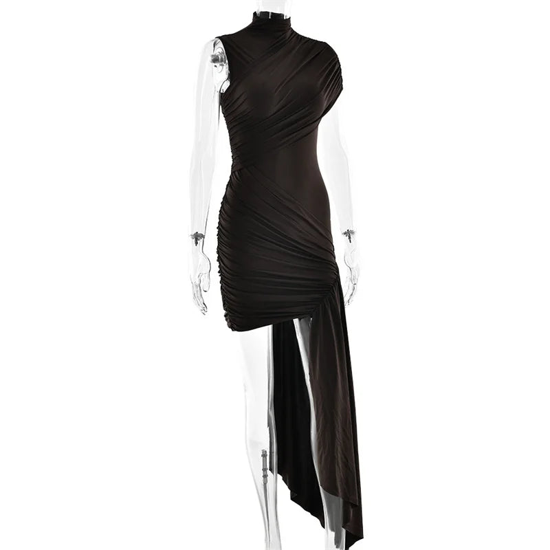 Balitops Summer Draped Ruched Sexy Mini Dress Women 2025 New Irregular High Waist Slim Fit Dress Female Elegant Club Tank Dress
