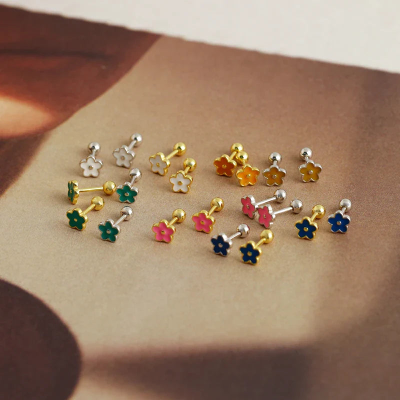 WANTME 925 Sterling Silver Romantic White Enamel Flower Screw Bead Stud Earrings for Women Fashion Simple Piercing Jewelry Gift