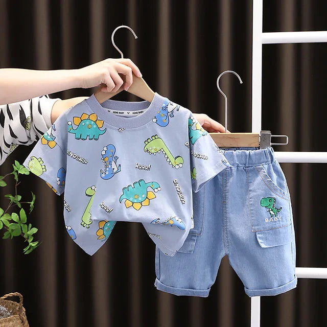 Boys Clothes Summer Fashion Crew Neck Children Tracksuit Dinosaur T-shirt Denim Shorts Suit Kids Outfit Baby Boys Set 1-5 Years