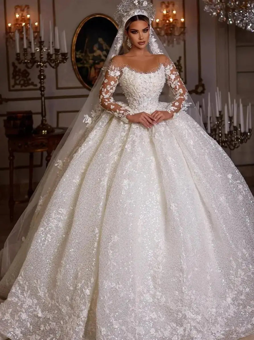 White Bridesmaid Dresses: Wedding Dresses Long Sleeves Sequins Beads Sheer