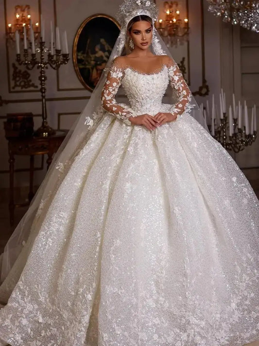 White Bridesmaid Dresses: Wedding Dresses Long Sleeves Sequins Beads Sheer
