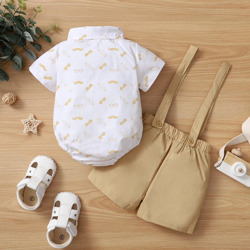 0-24 Months Baby Boys Costumes Short Sleeve Bodysuit with Bow + Suspender Pants Wedding Parties Festivals Gentleman Clothing
