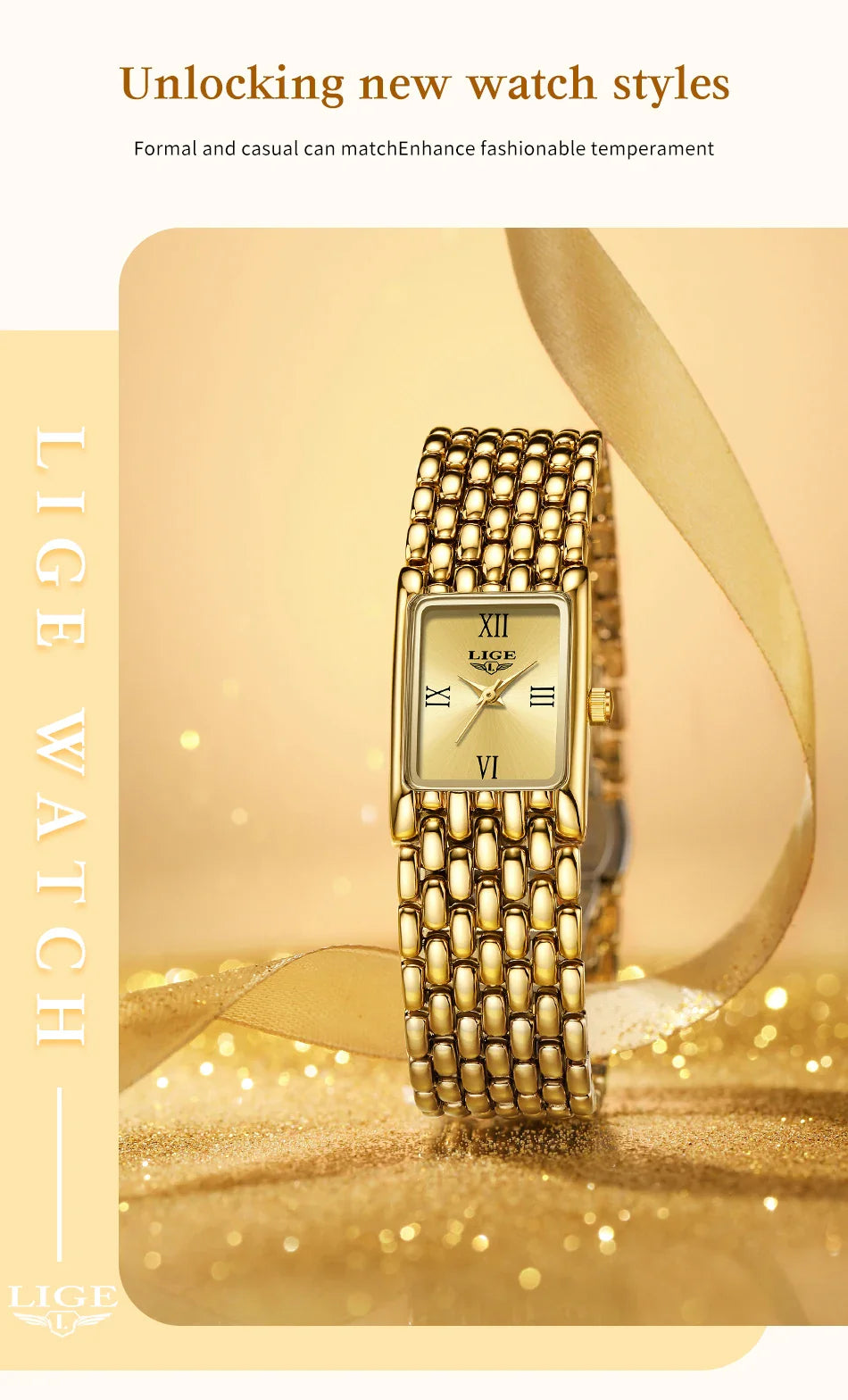 LIGE 2025 Fashion New Gold Women's Watch Luxury Quartz Watch Stainless Steel Bracelet Retro 30M Waterproof Watches Women reloj