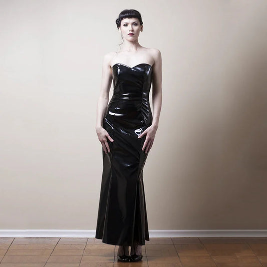 Evening Dresses: Strapless Black PVC Mermaid Dress Women Elegant